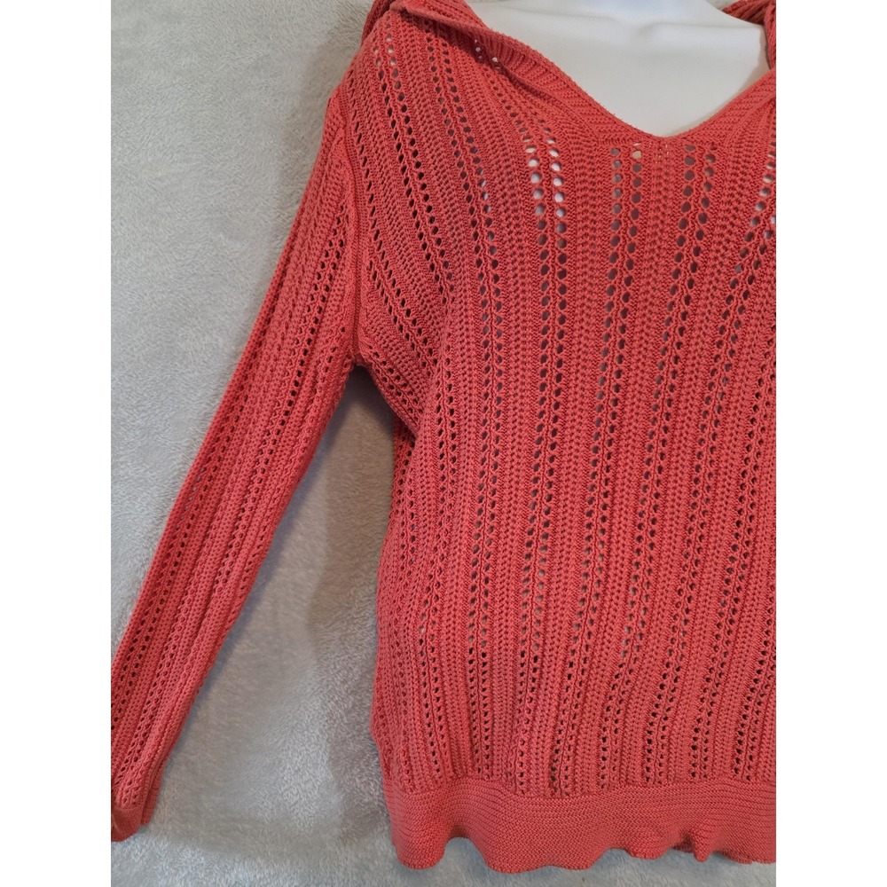 Bamboo Traders Sweater Women Large Coral Pink Beach Open Knit Hood Pullover Y2K